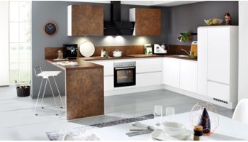 Kontrastreiche L-Küche Fashion von Nobilia mit Front in Mattlack, Alpinweiß und Bronze Bronze