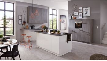 3-teilige Inselküche Fresh von Culineo mit Front in Hochglanz Lack, Weiss und Burned Oak Weiss