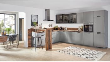 Moderne L-Küche Inox von Nobilia mit Front in Lacklaminat, Stahl Grau