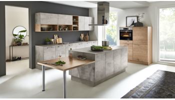 Originelle 3-teilige Küche Stone von Nolte Küchen mit Front in Beton