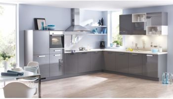 Familienküche, Nolte Lux, Grundriss L-Küche, Front Quarzgrau