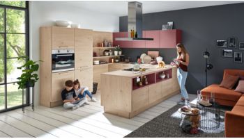 Familienküche, Nolte Artwood, Grundriss U-Küche, Front Asteiche Natur