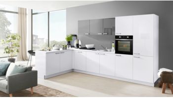 Moderne Küche, Interliving Serie 3022, Grundriss L-Küche, Front Weiß Hochglanz 