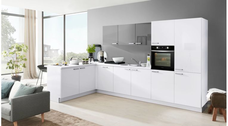 Moderne Küche, Interliving Serie 3022, Grundriss L-Küche, Front Weiß Hochglanz