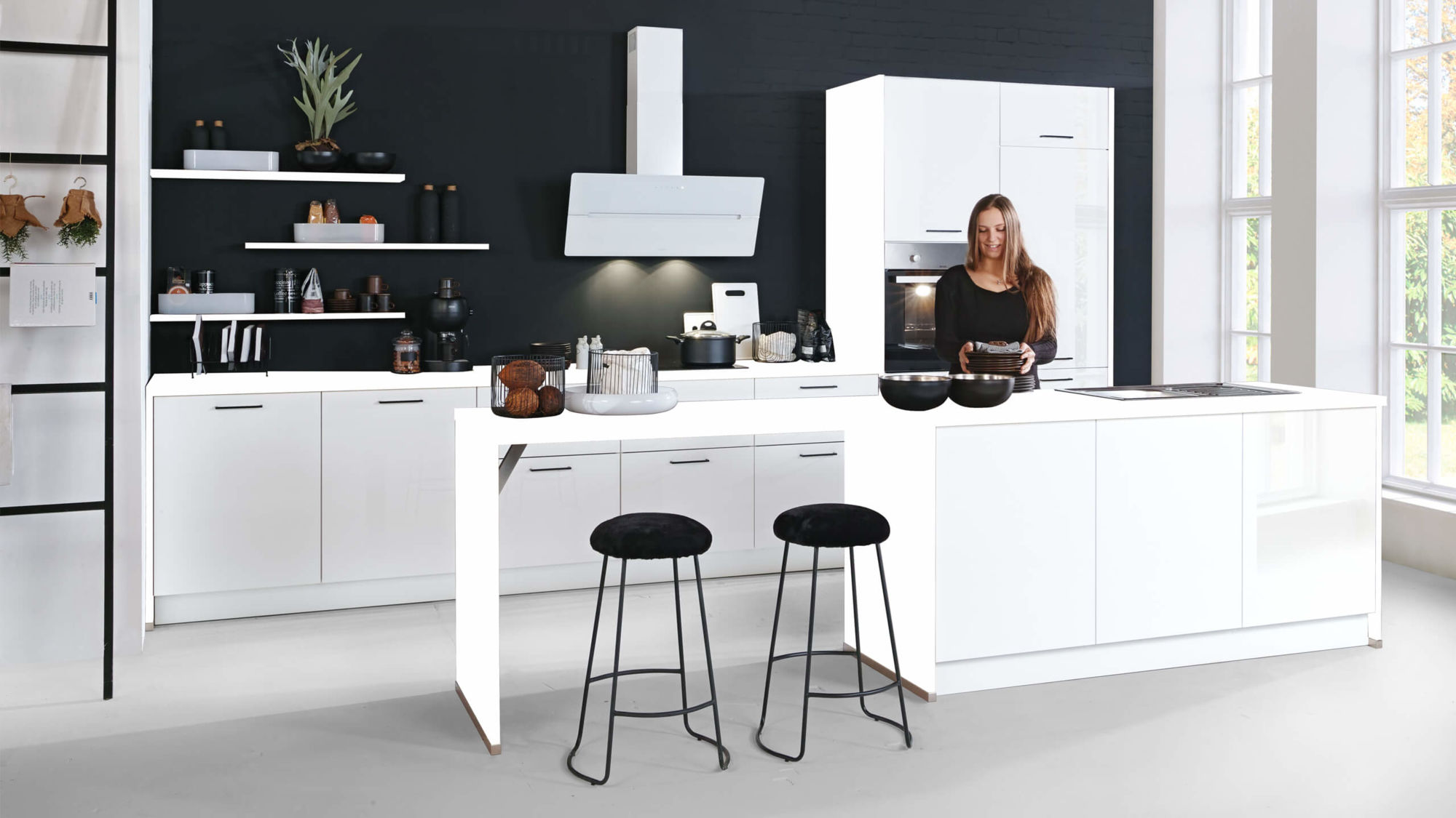 Moderne Küche, Inselküche, Express Front Stile Hochglanz » Star, Grundriss Weiß